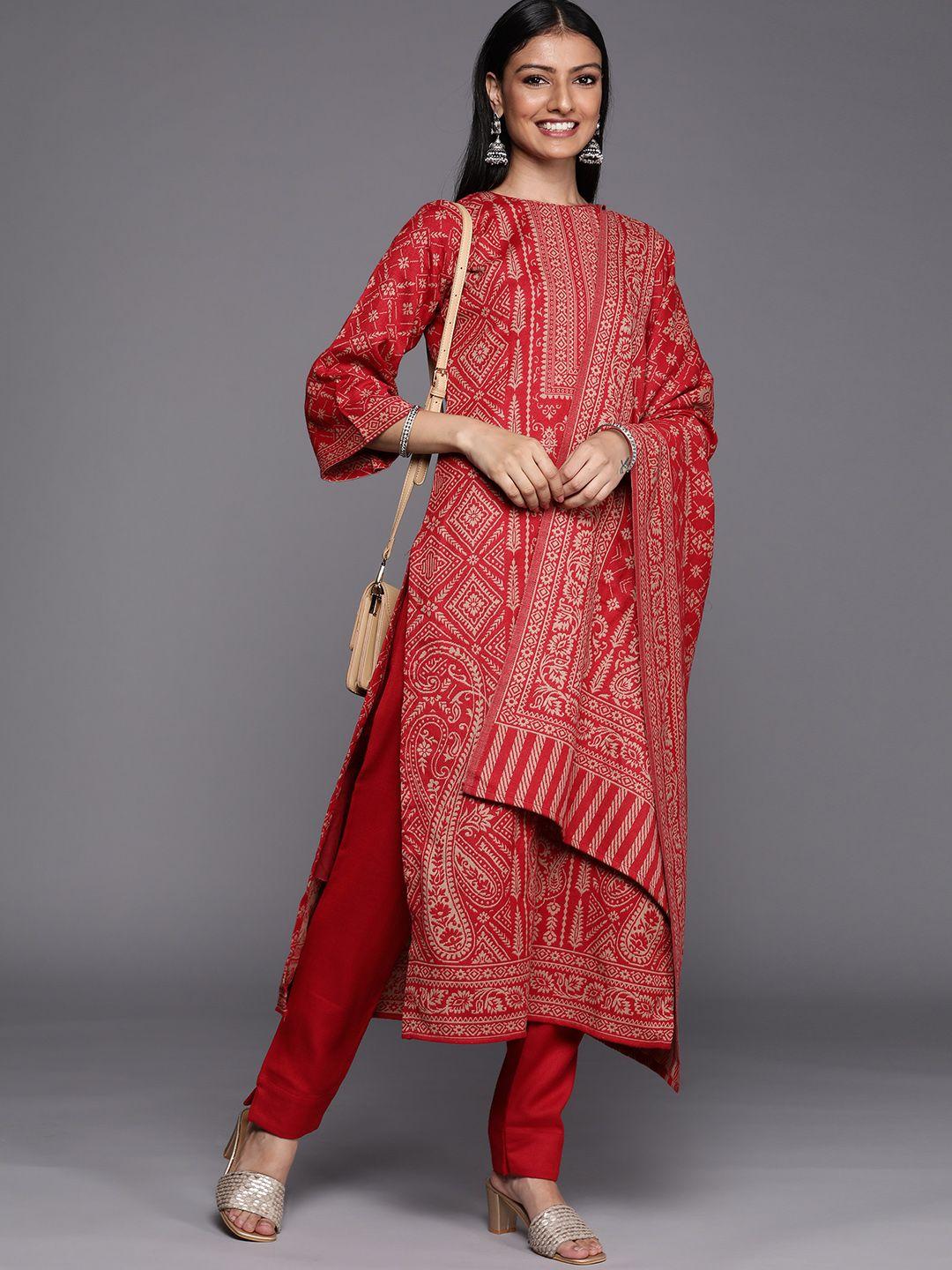 inddus red woven design pashmina winter wear unstitched dress material