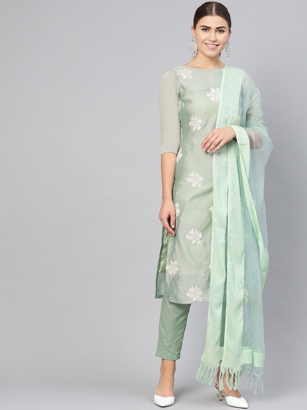 inddus sea green floral embroidered chanderi cotton kurta with trousers & dupatta