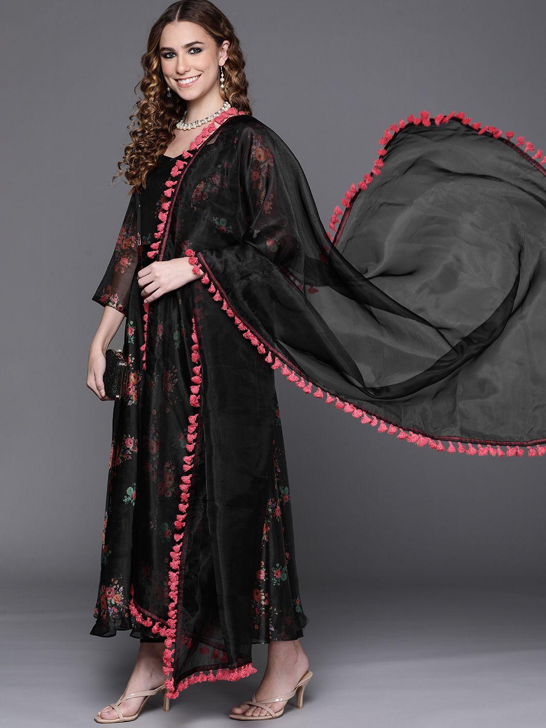 inddus women black floral printed regular kurta with trousers & with dupatta