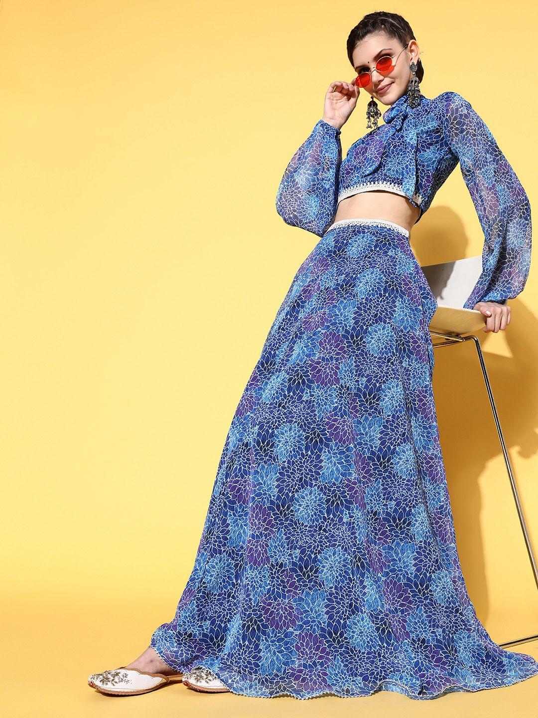 inddus women blue printed top with skirt