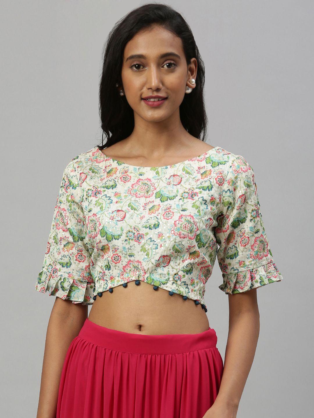inddus women cream-coloured & green floral printed ethnic crop top