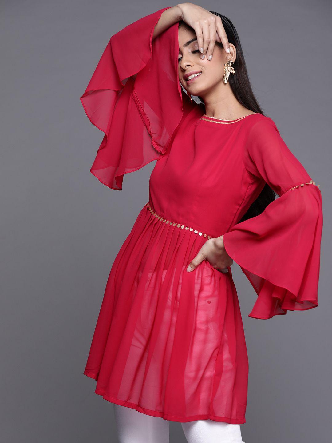 inddus women magenta pink solid semi-sheer tunic