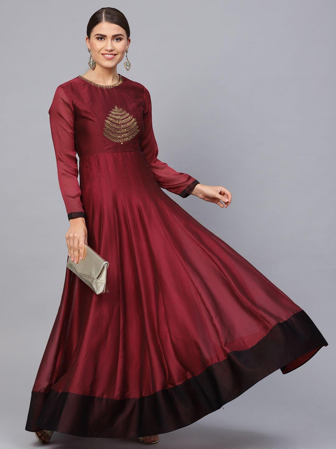 inddus women maroon embroidered detail anarkali festive gown