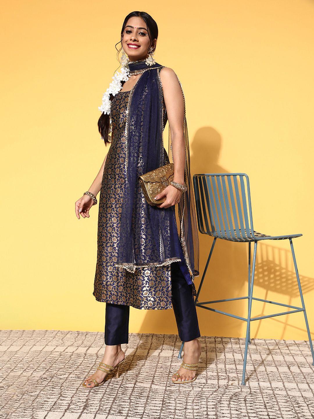 inddus women navy blue floral kurta with trousers & with dupatta