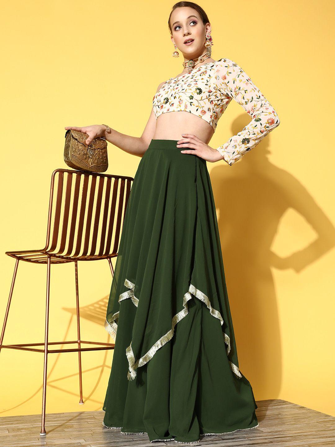 inddus women off white & green embroidered one shoulder top with skirt