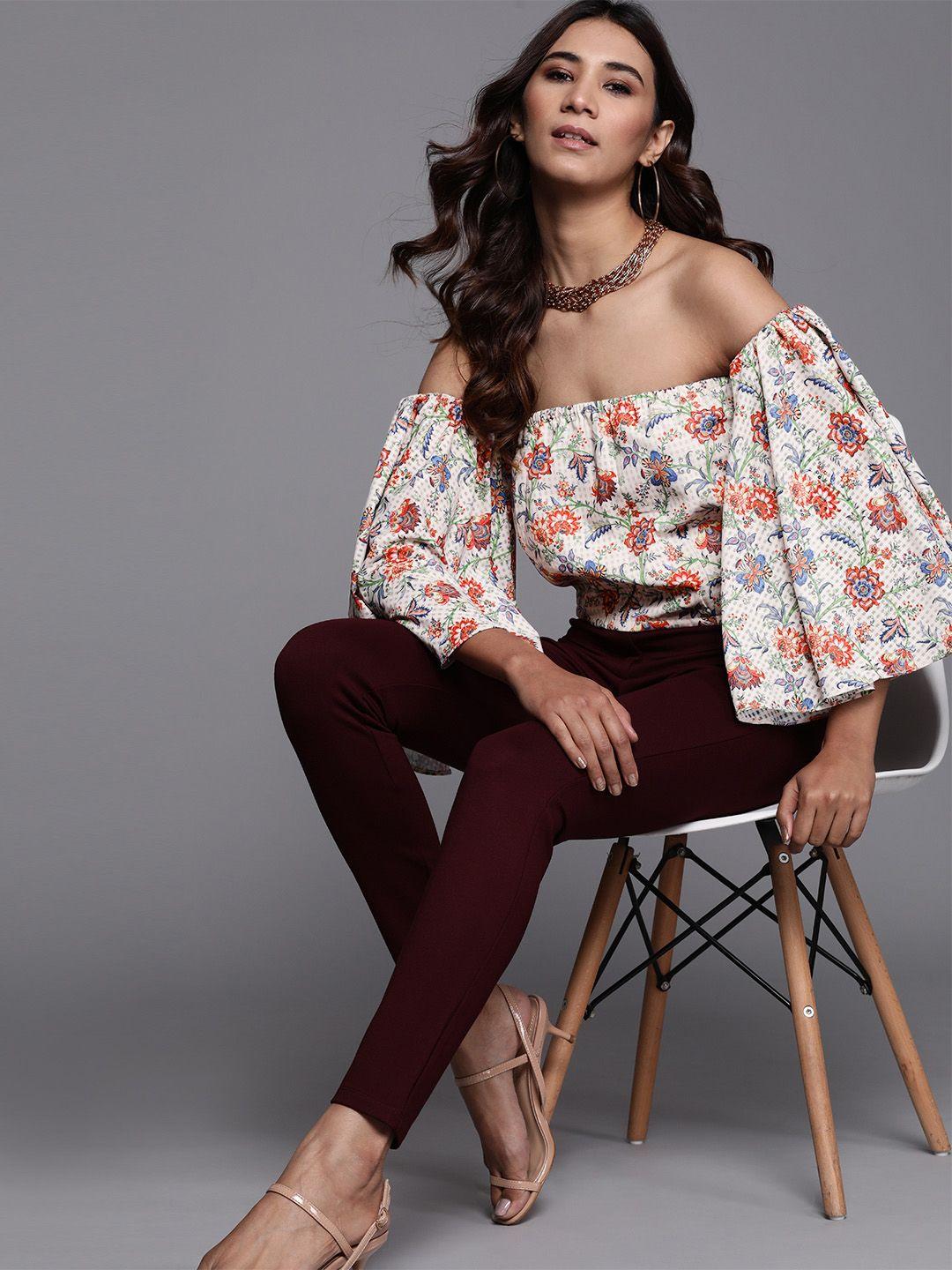 inddus women off-white & red floral printed bardot top
