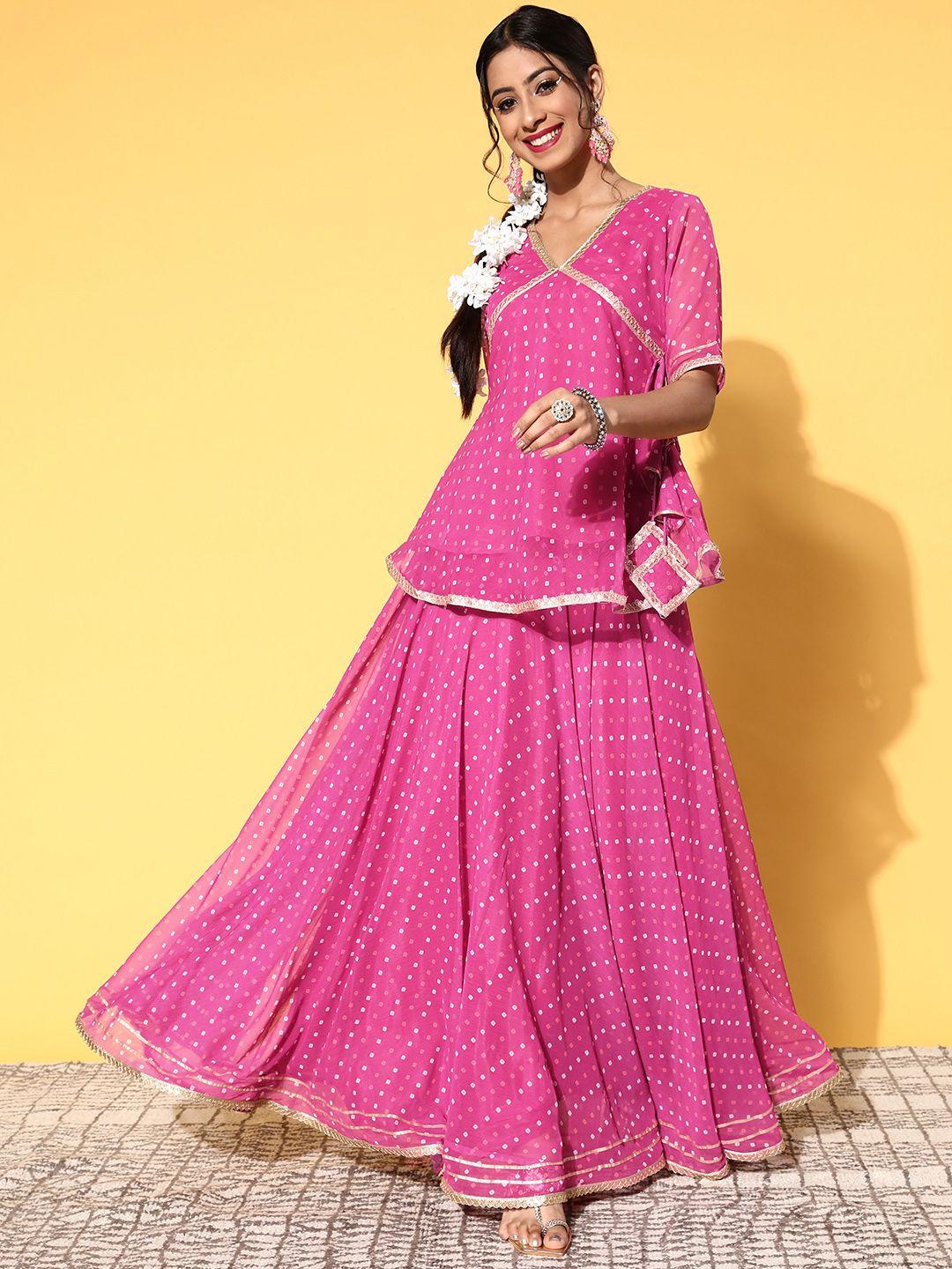 inddus women pink bandhani printed tie up top & skirt