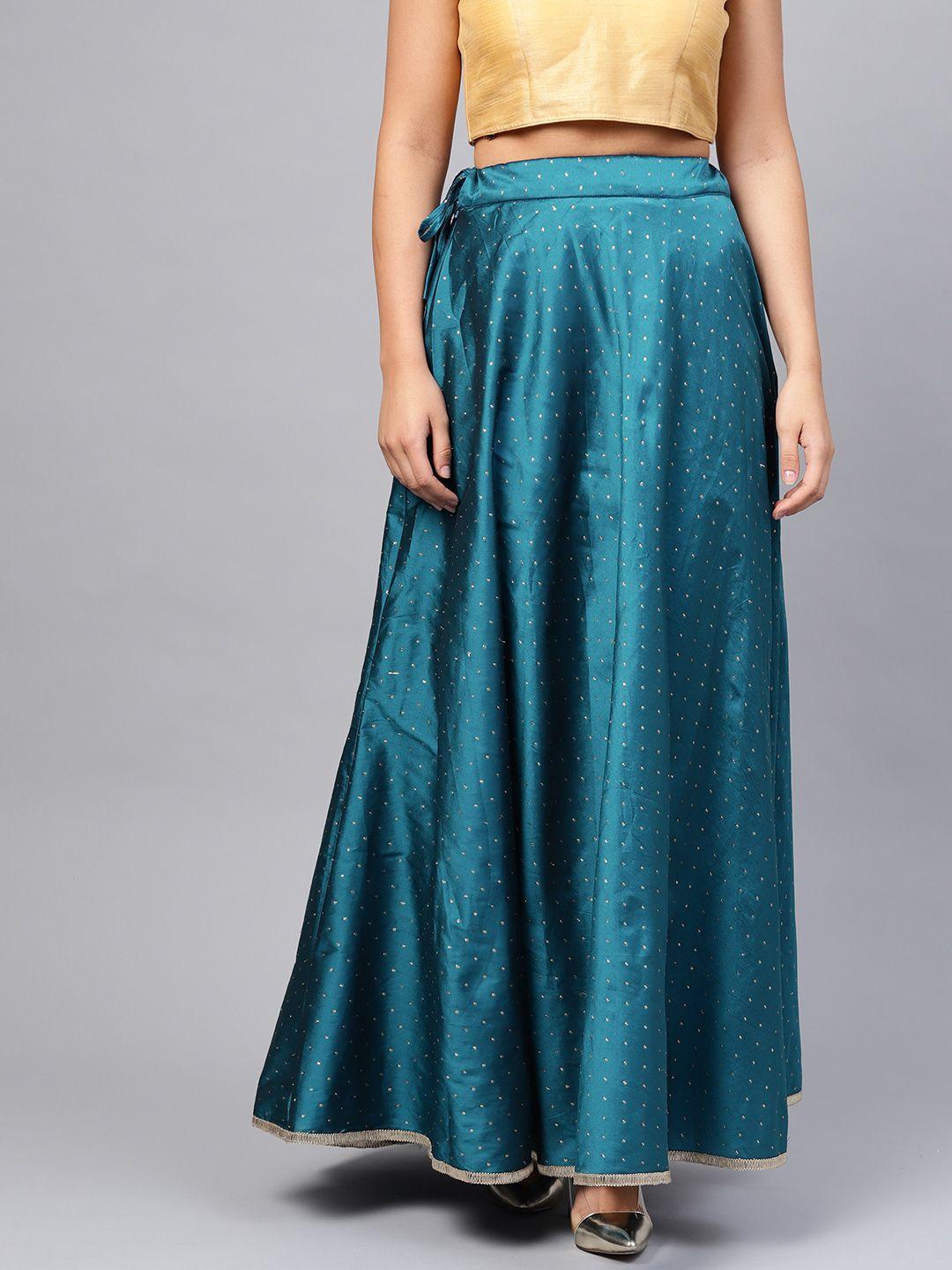 inddus women teal blue & golden embroidered maxi flared skirt