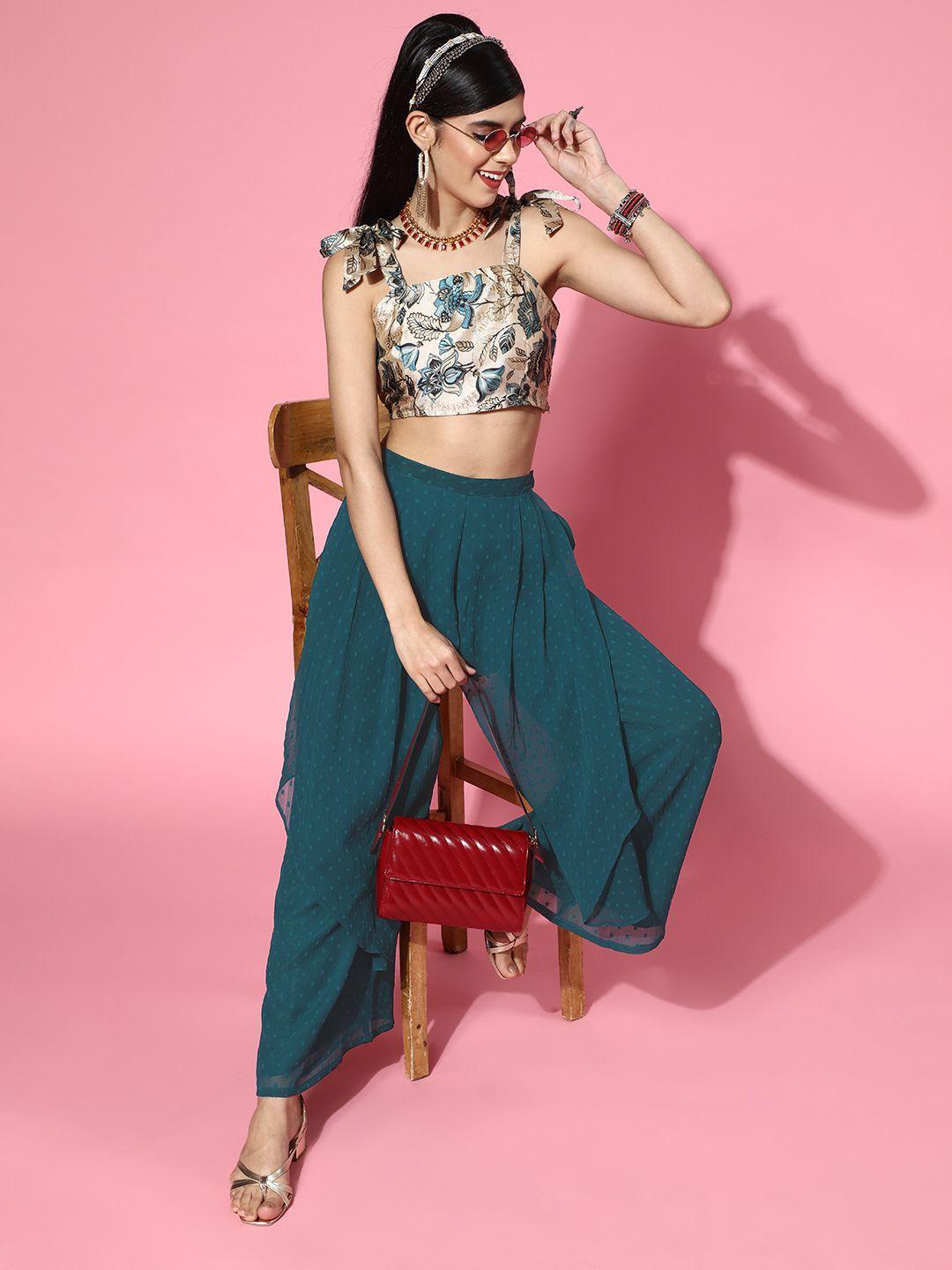 inddus-women-tranquil-teal-printed-top-with-self-design-palazzos