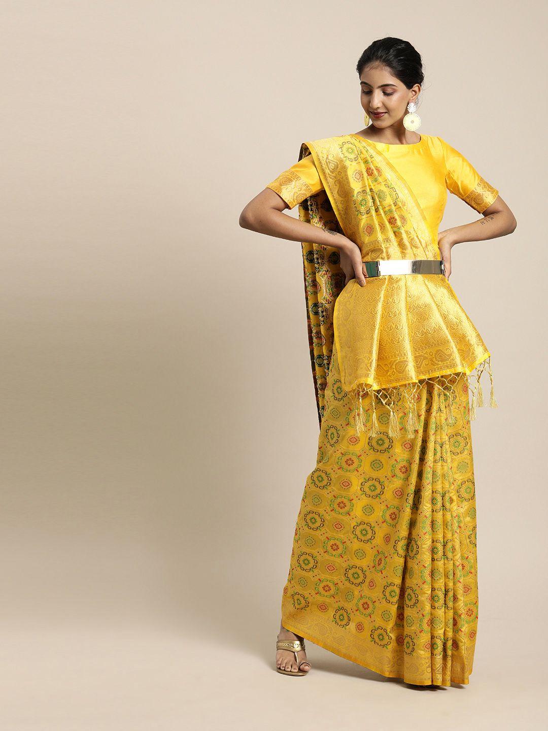 inddus yellow & gold-toned silk blend woven design banarasi saree