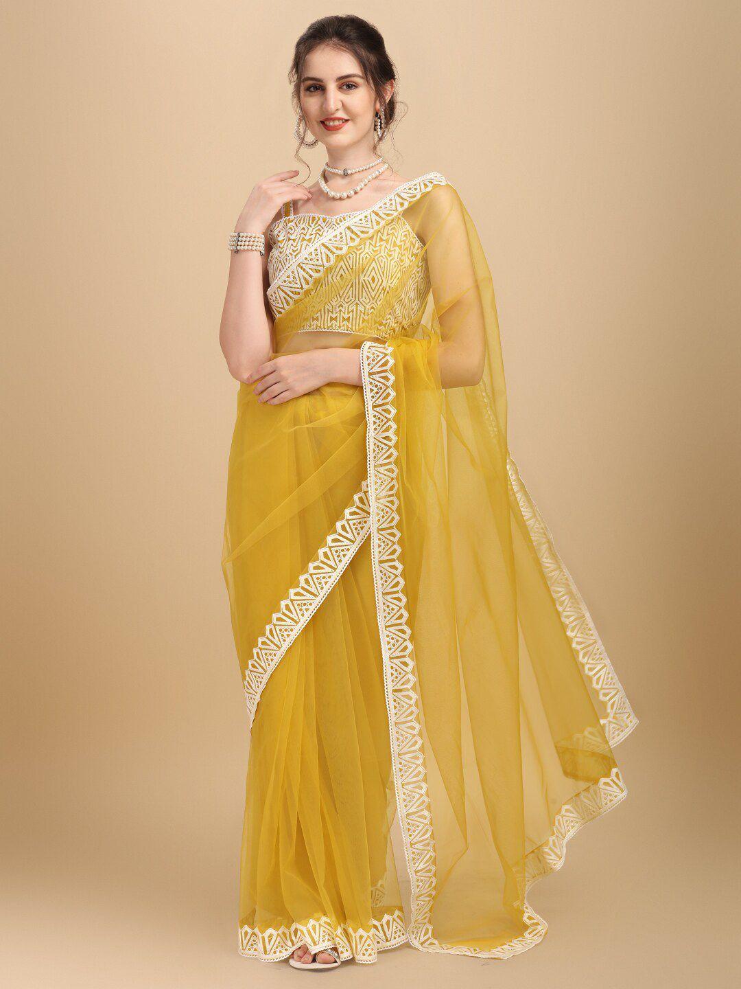 inddus yellow & white solid embroidered net saree