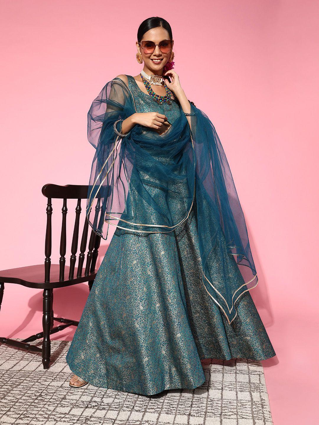 inddus beautiful teal woven design semi-stitched lehenga choli with dupatta