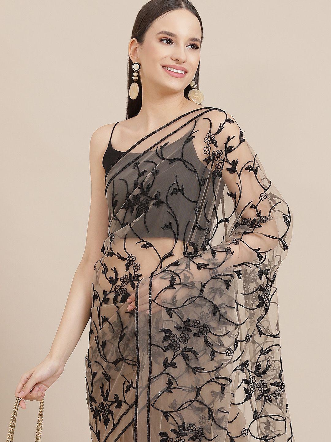 inddus beige & black floral embroidered net saree