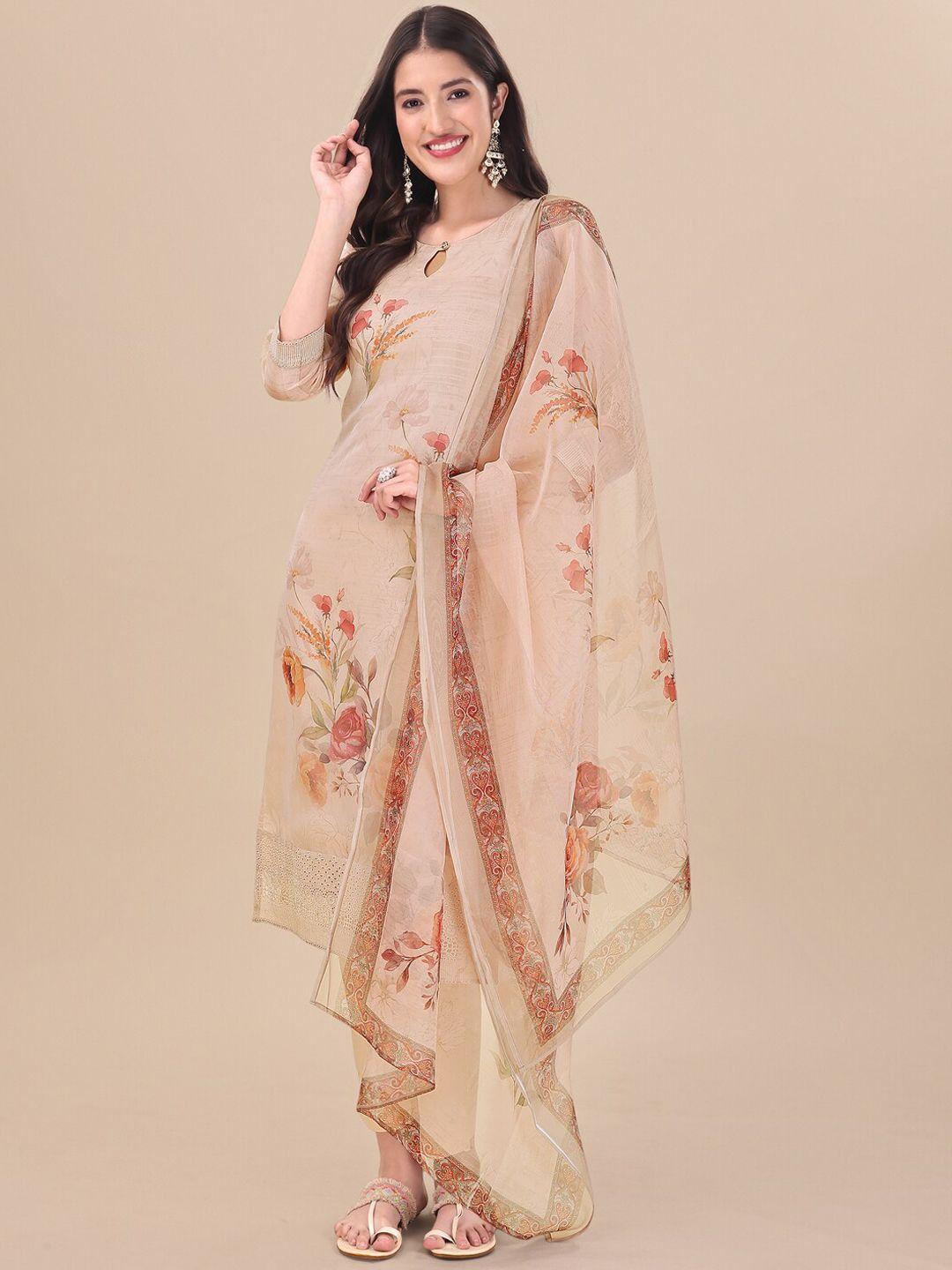 inddus beige floral printed keyhole neck kurta & trousers with dupatta