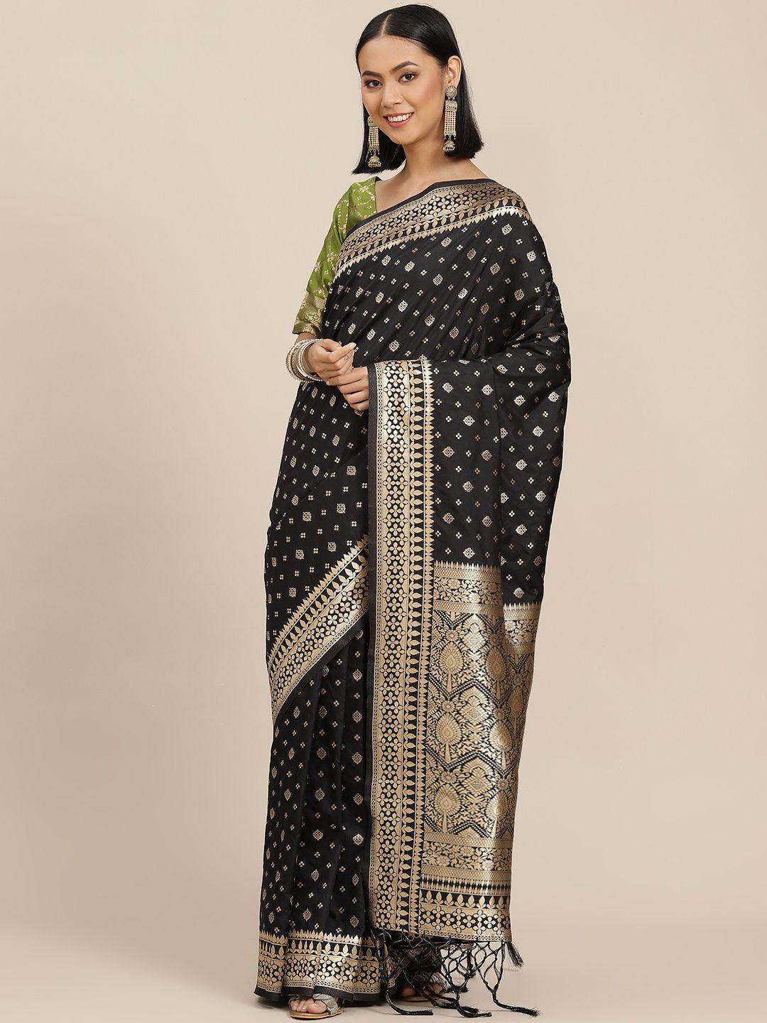 inddus black & golden woven design zari silk blend saree