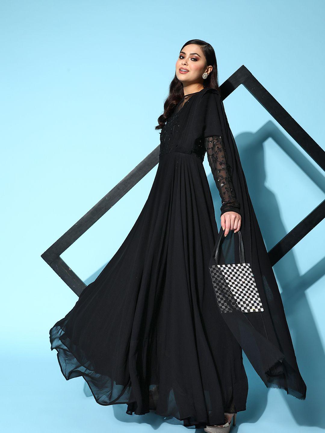 inddus black floral embroidered georgette ethnic gown with dupatta