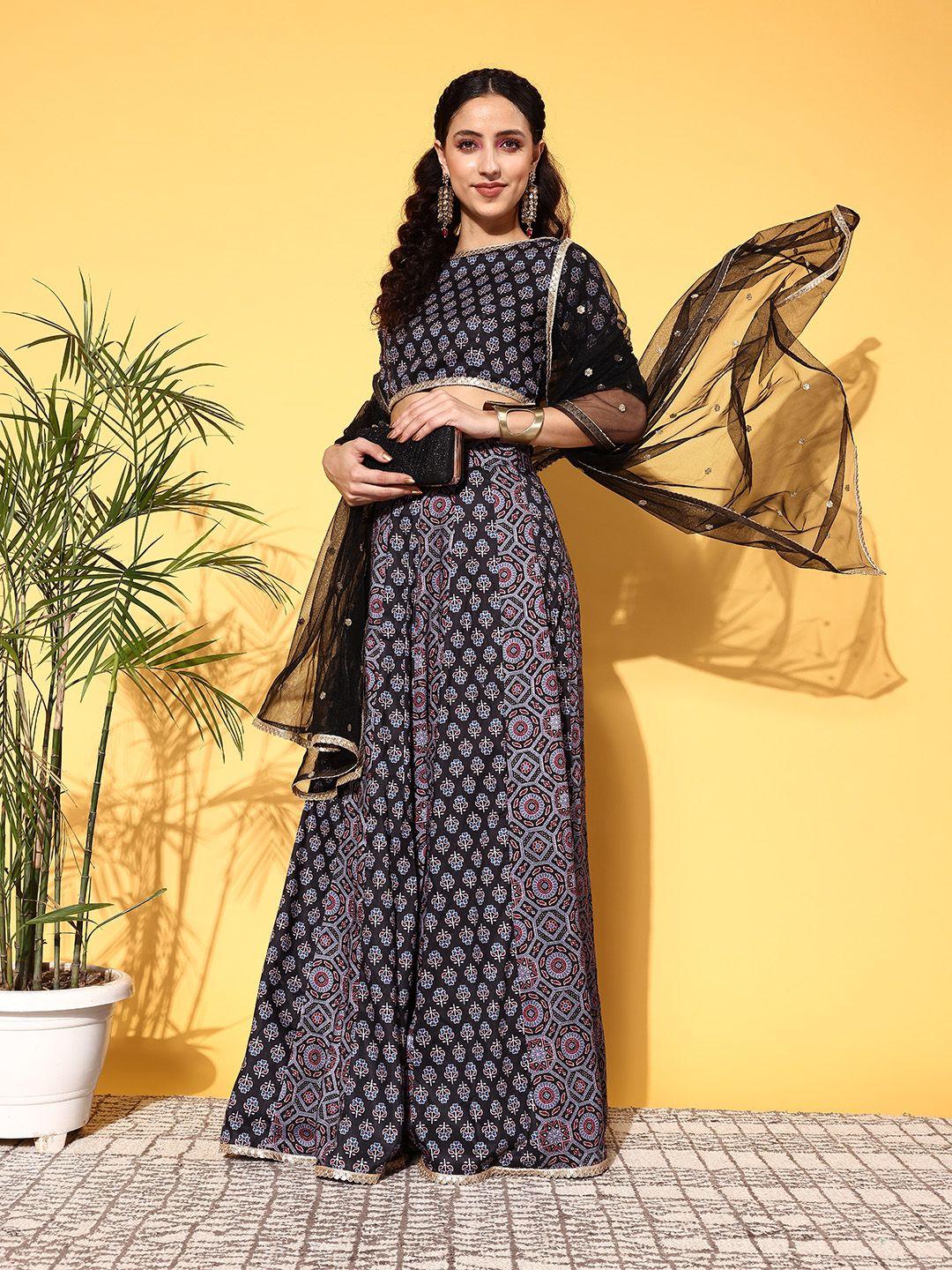 inddus black printed semi-stitched lehenga choli with dupatta