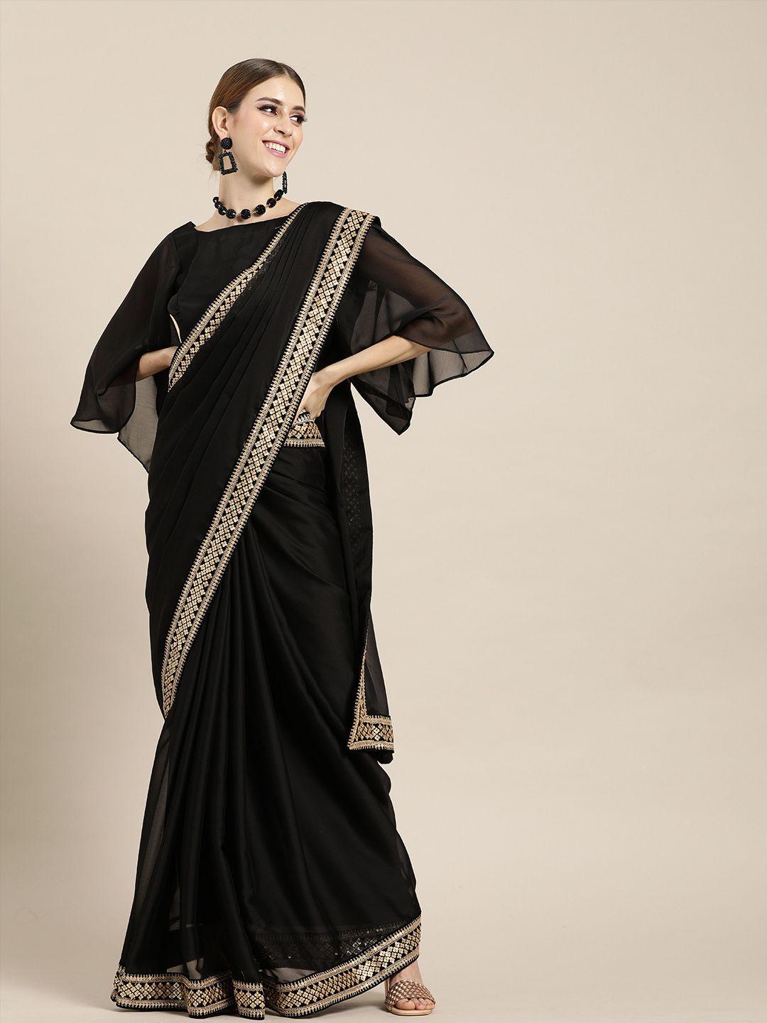 inddus black solid silk blend saree with embroidered border