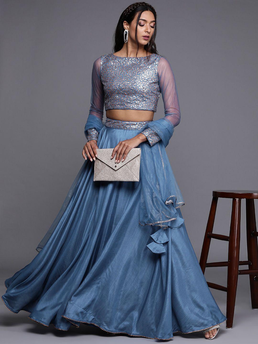 inddus blue & silver-toned embellished sequinned semi-stitched lehenga & unstitched blouse with dupatta