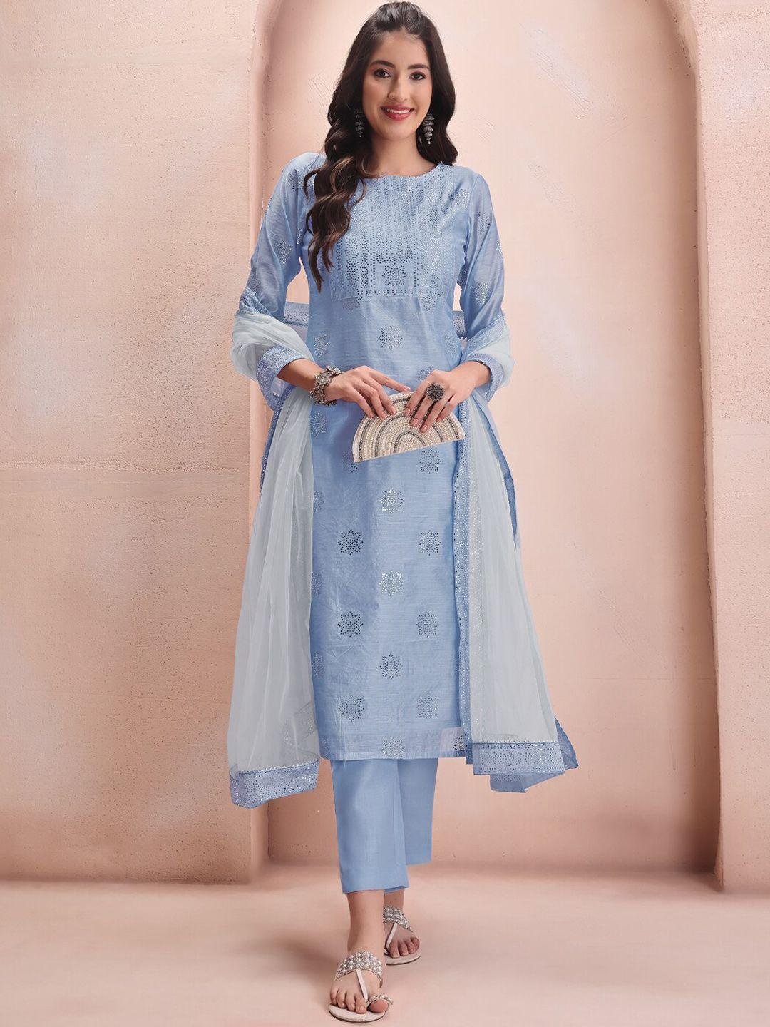 inddus blue floral embroidered mukaish chanderi cotton kurta with trousers & dupatta