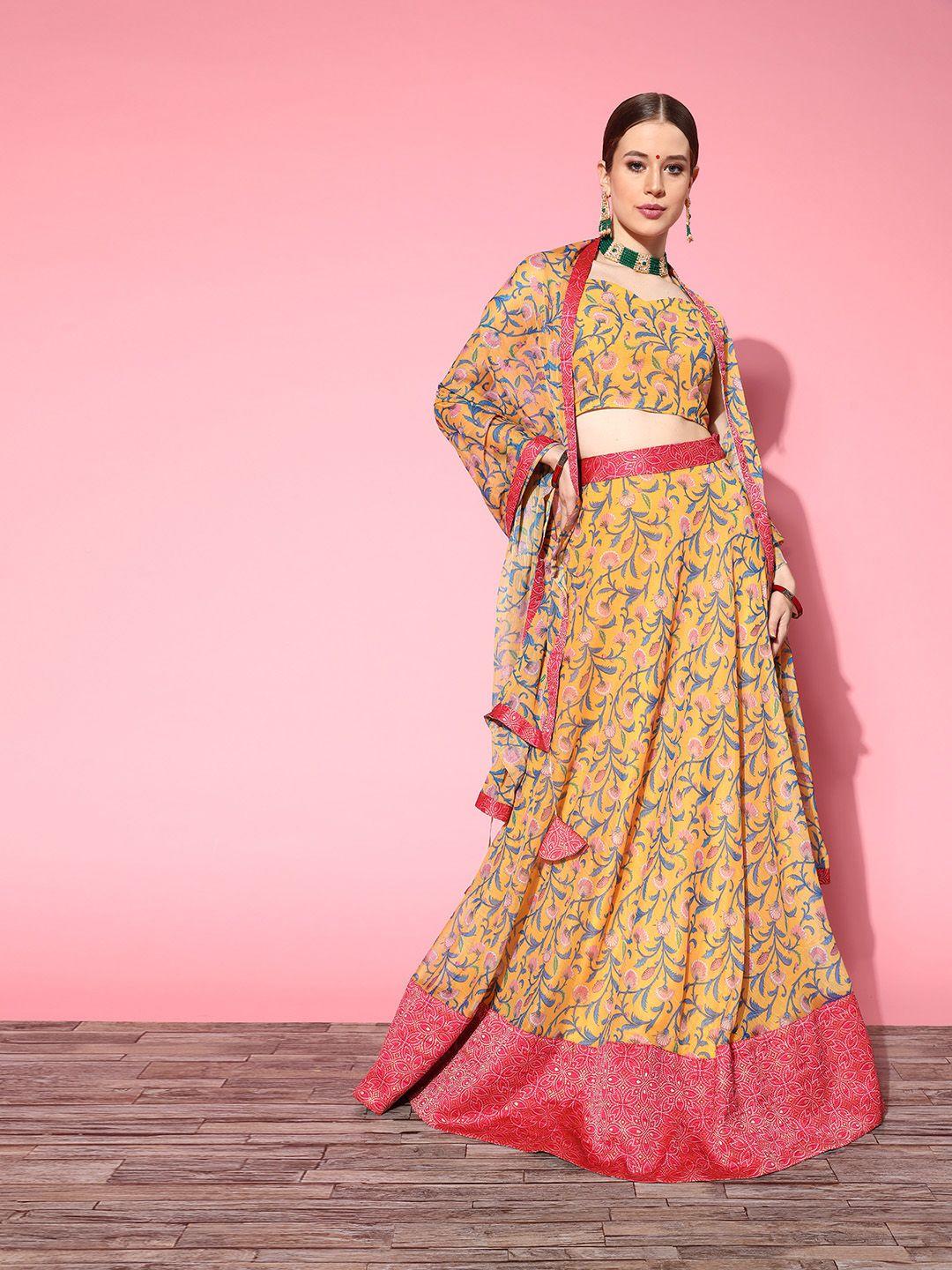 inddus bright mustard printed semi-stitched lehenga choli with dupatta