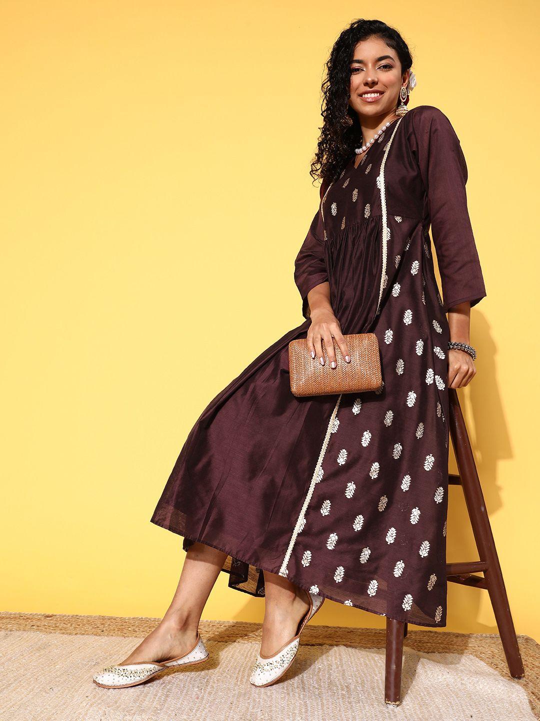 inddus brown ethnic motifs zari midi dress