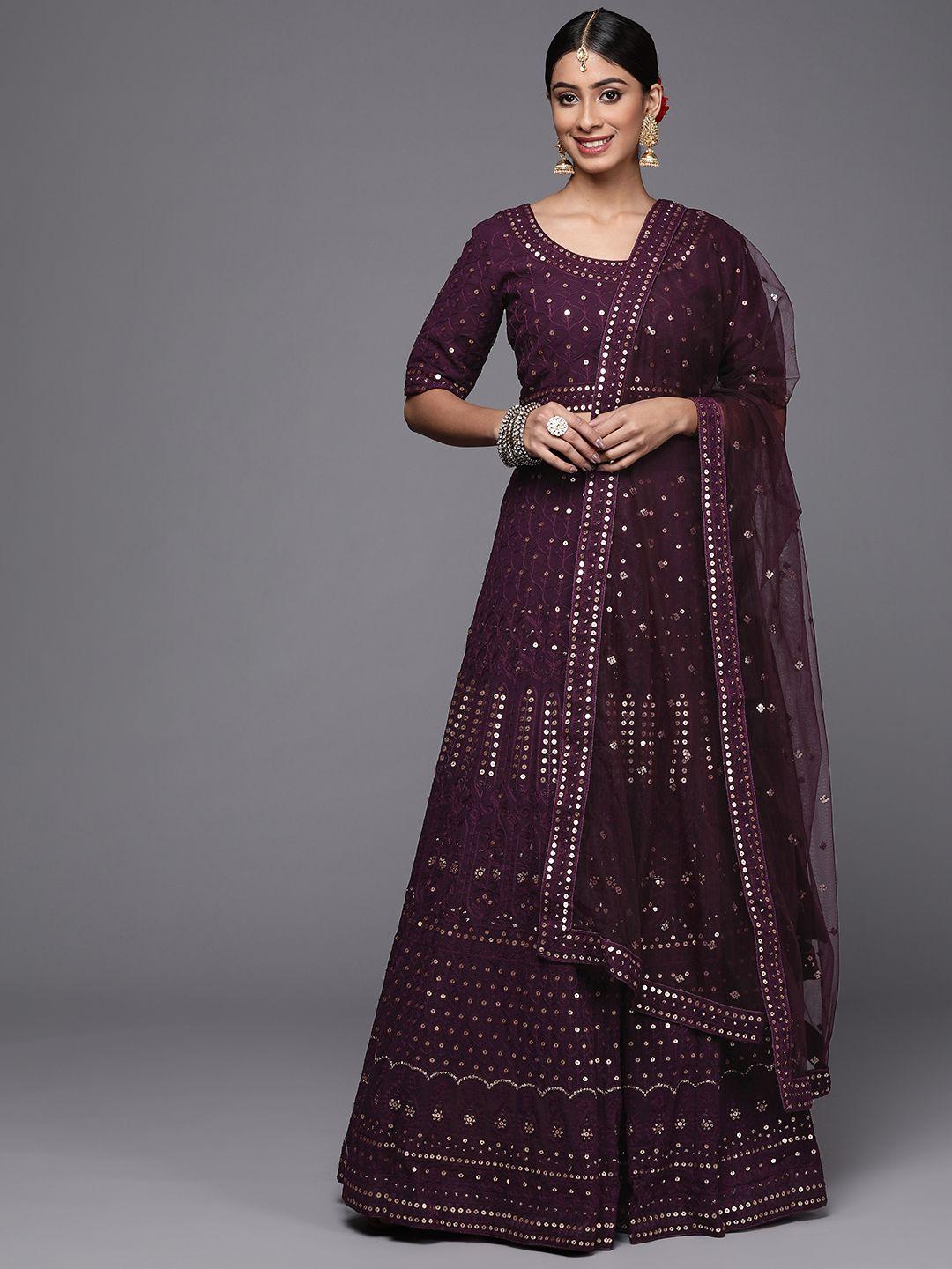 inddus burgundy embroidered thread work semi-stitched lehenga & unstitched blouse with dupatta