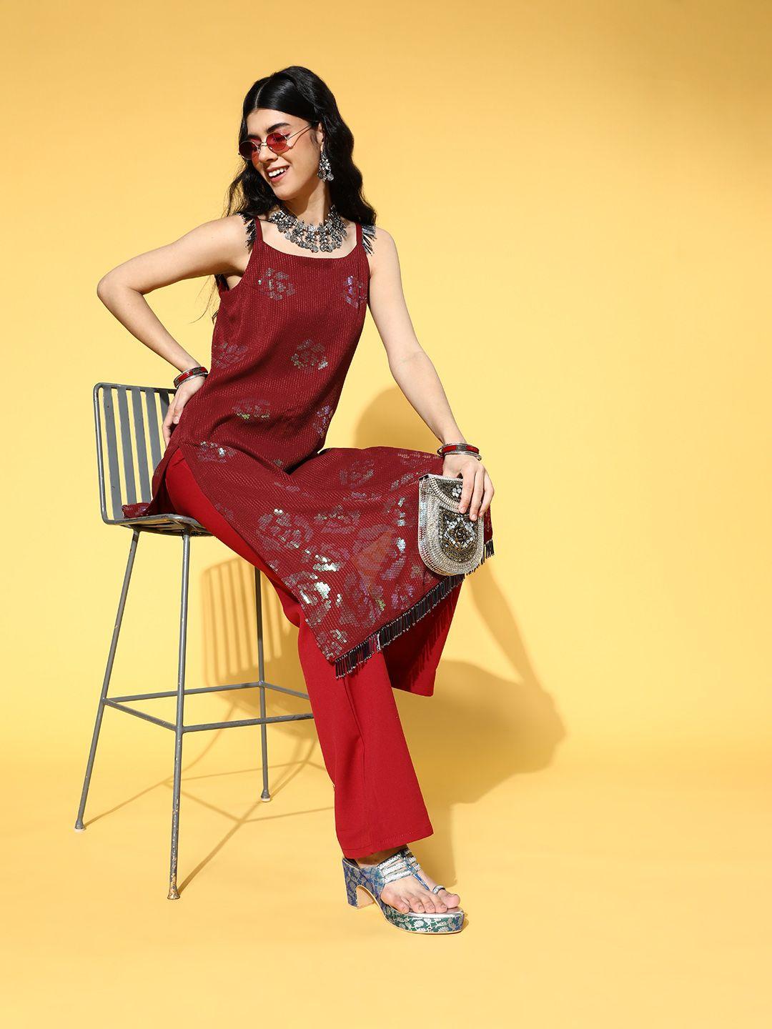 inddus charming maroon georgette bling it on kurta