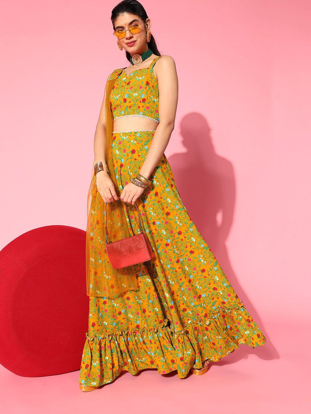 inddus classic mustard printed semi-stitched lehenga choli with dupatta