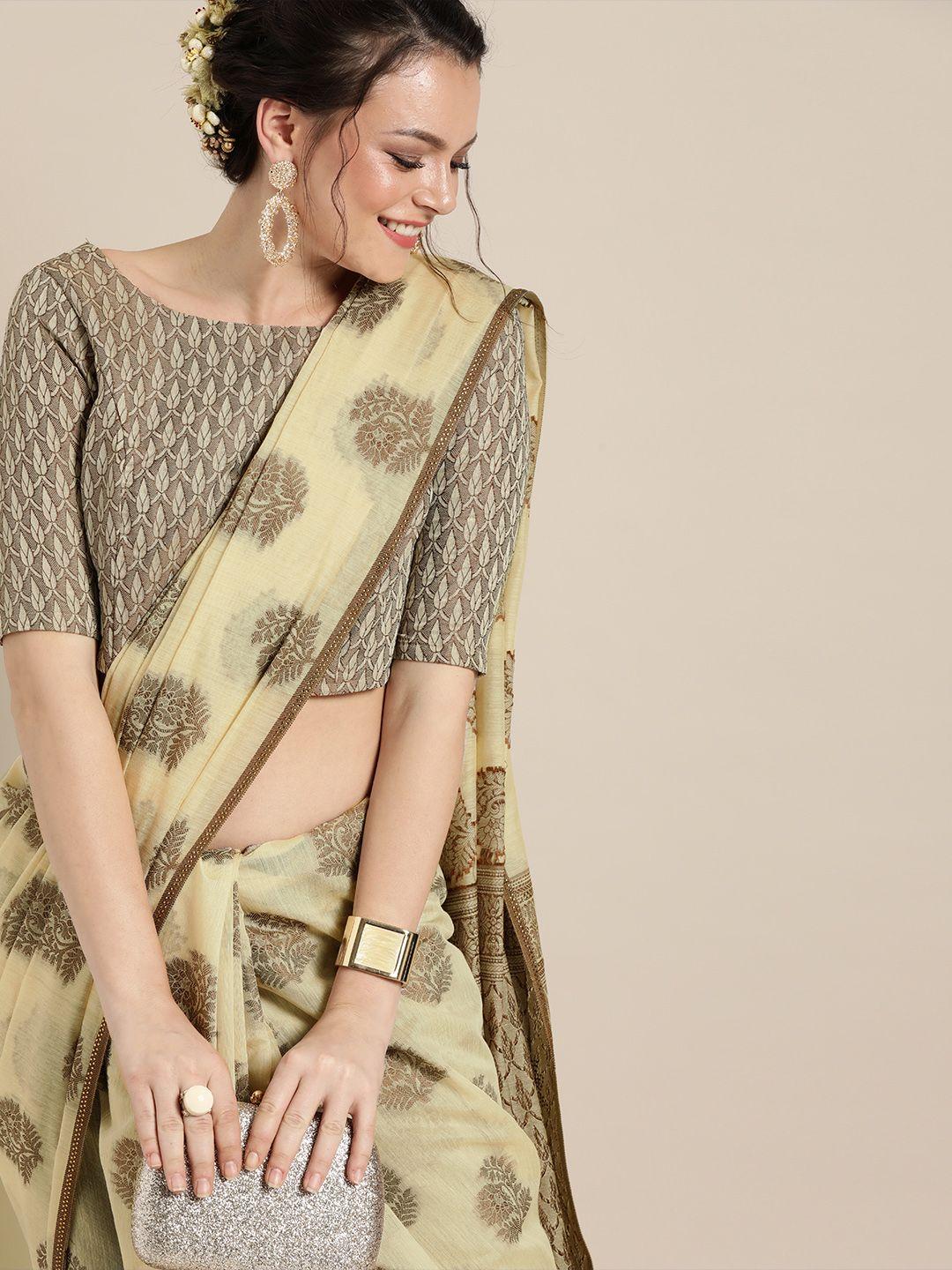 inddus cream-coloured & brown cotton blend woven design chanderi saree