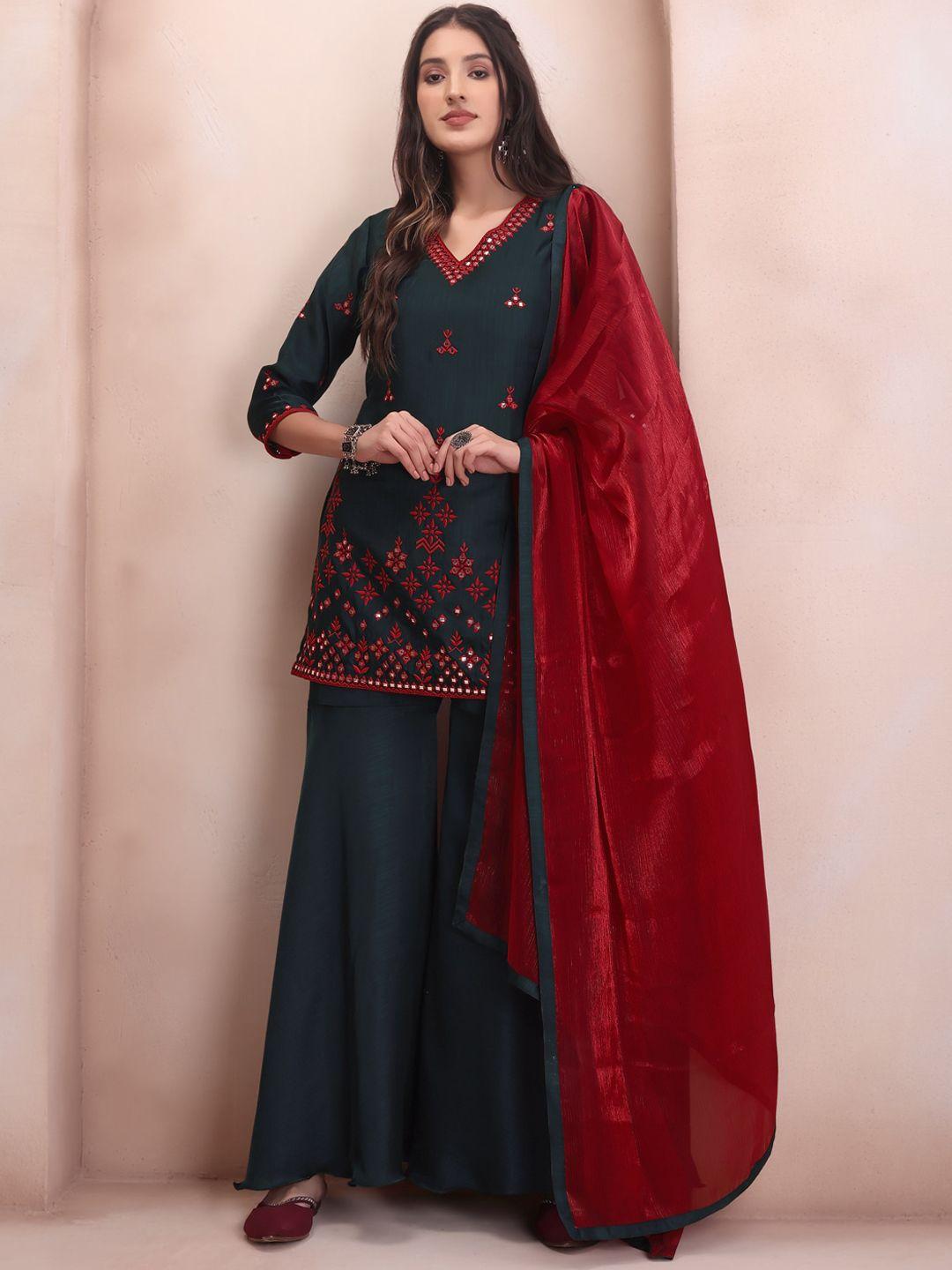 inddus embroidered regular mirror work kurta & sharara with dupatta