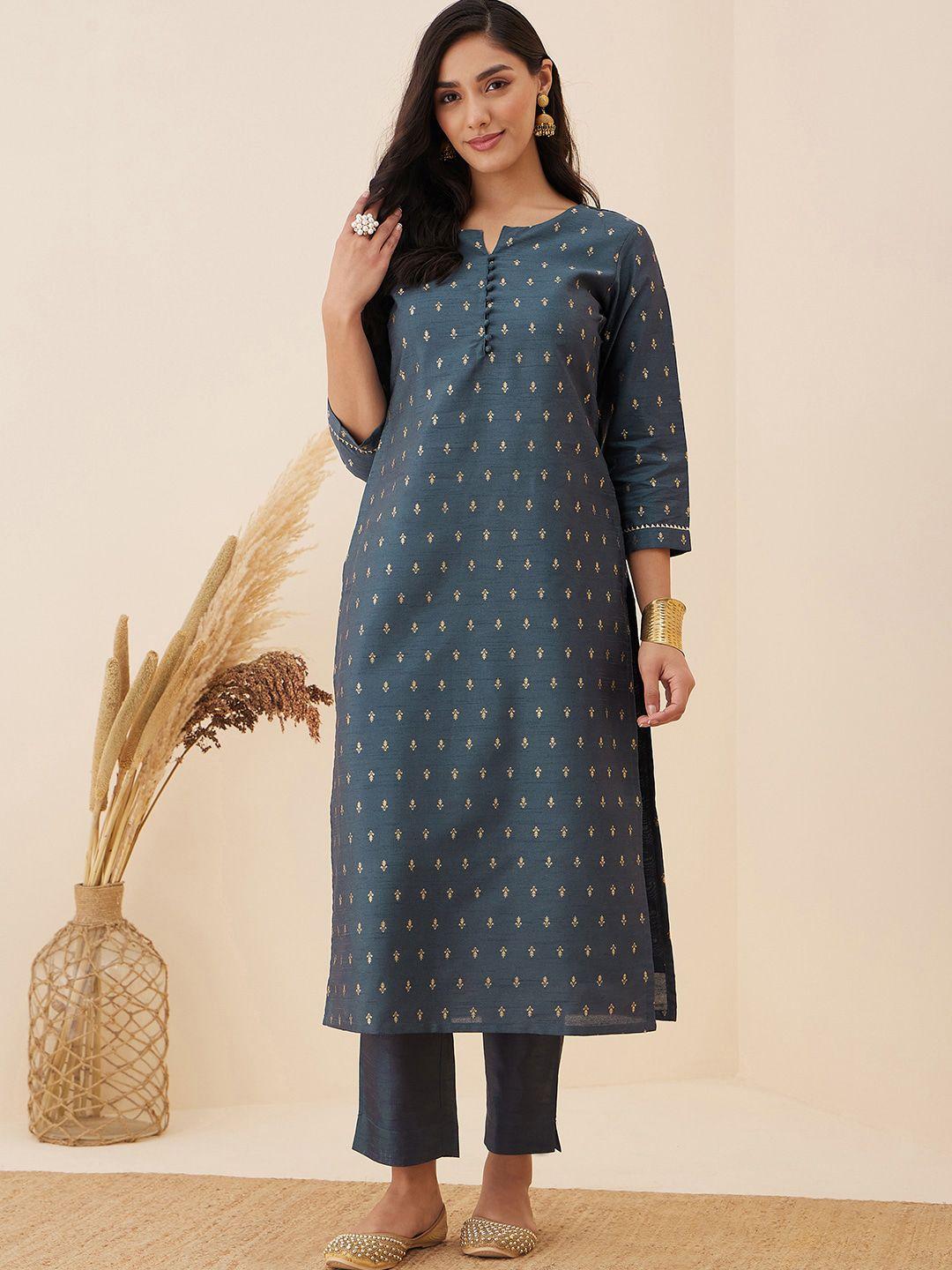 inddus ethnic motif woven design straight kurta with trousers