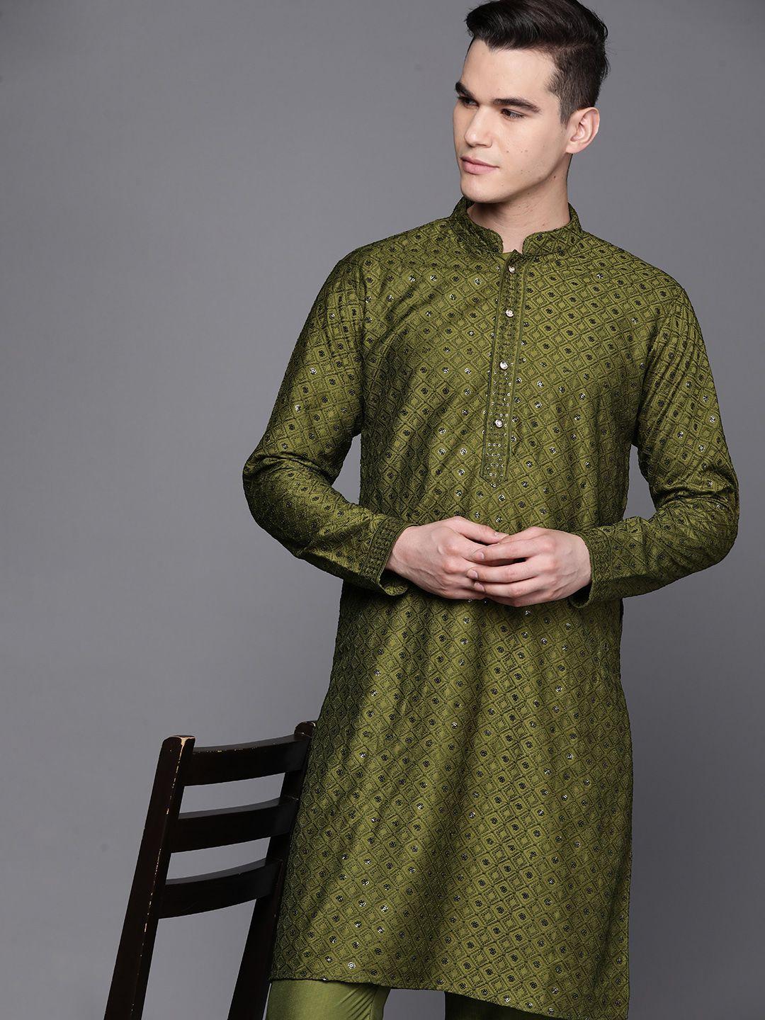 inddus ethnic motifs embroidered chikankari kurta with trousers