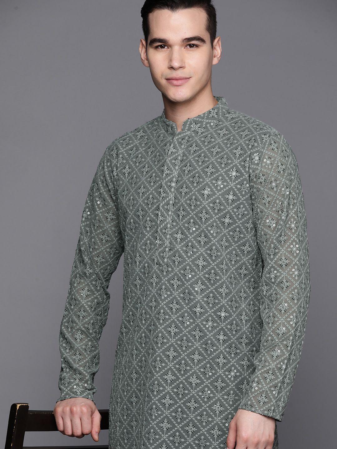 inddus ethnic motifs embroidered chikankari kurta with trousers