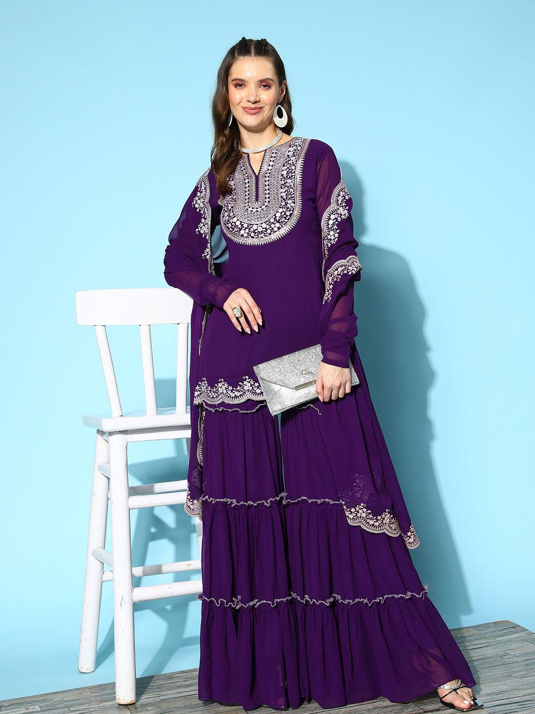 inddus ethnic motifs embroidered thread work kurti with sharara & with dupatta