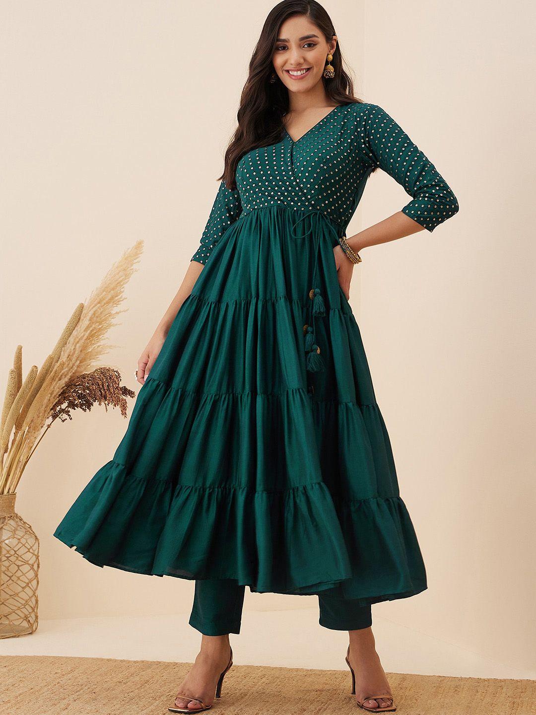 inddus ethnic motifs embroidered tiered sequinned anarkali kurta with trousers