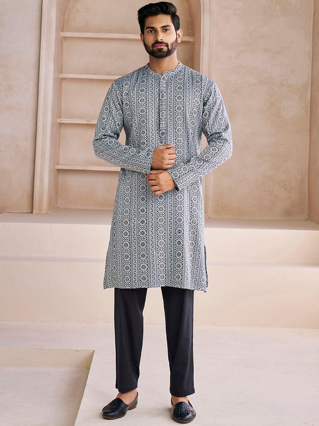 inddus ethnic motifs printed mandarin collar jacquard kurta with trousers