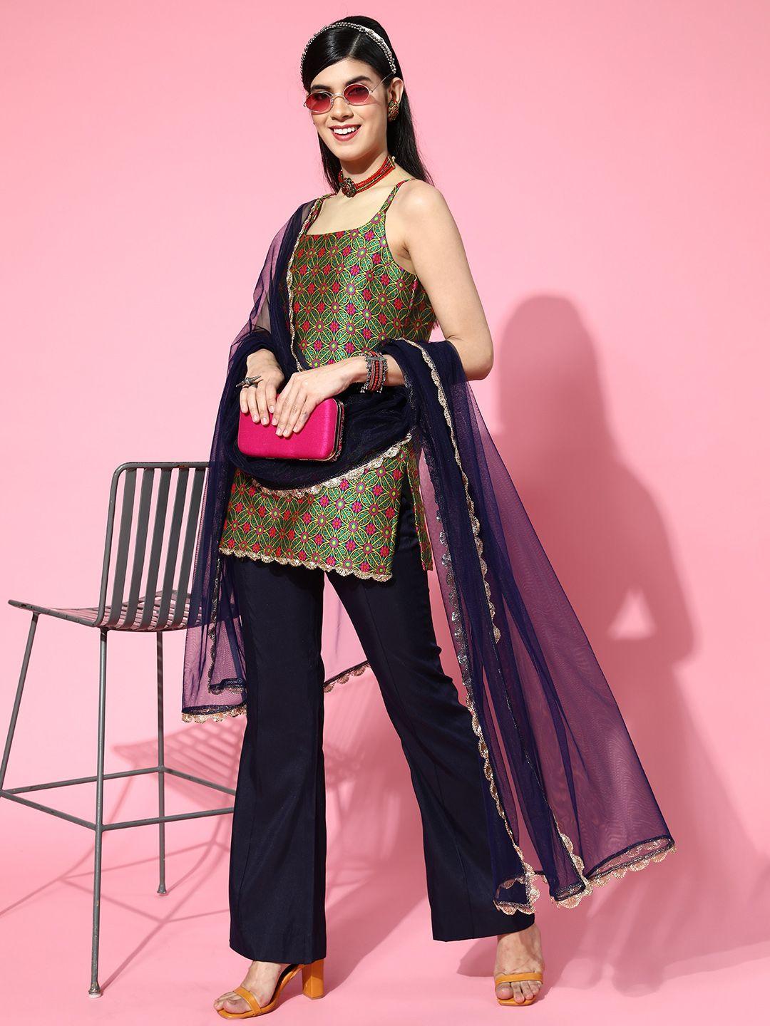 inddus ethnic motifs silk blend scalloped edge kurta set