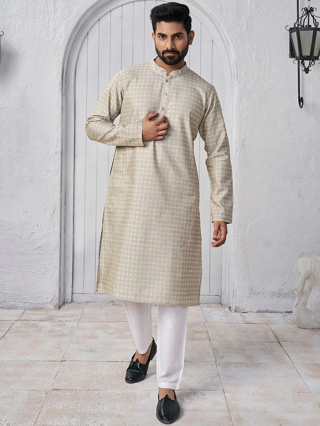 inddus ethnic motifs woven design mandarin collar kurta