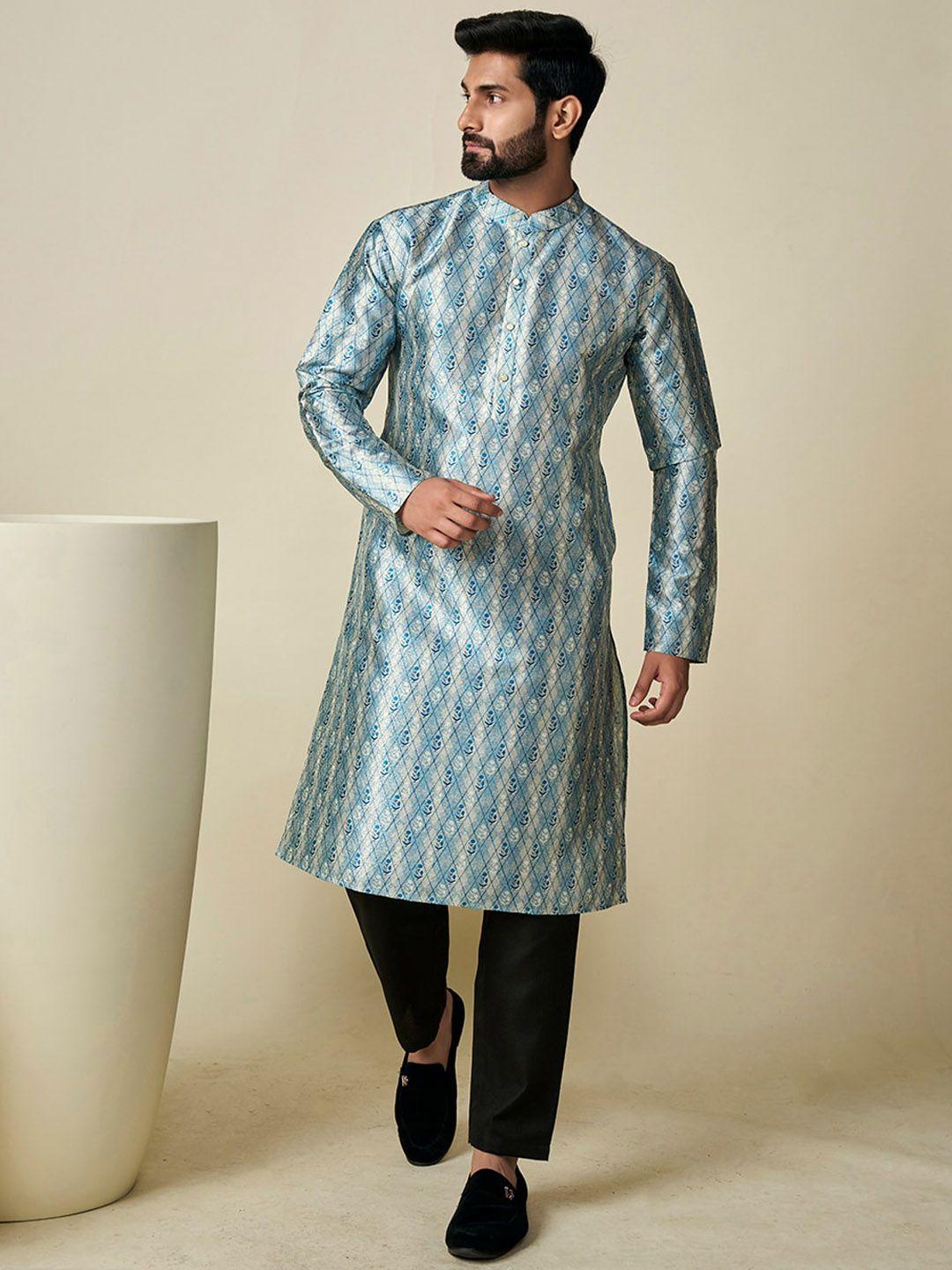 inddus ethnic motifs woven design mandarin collar regular kurta
