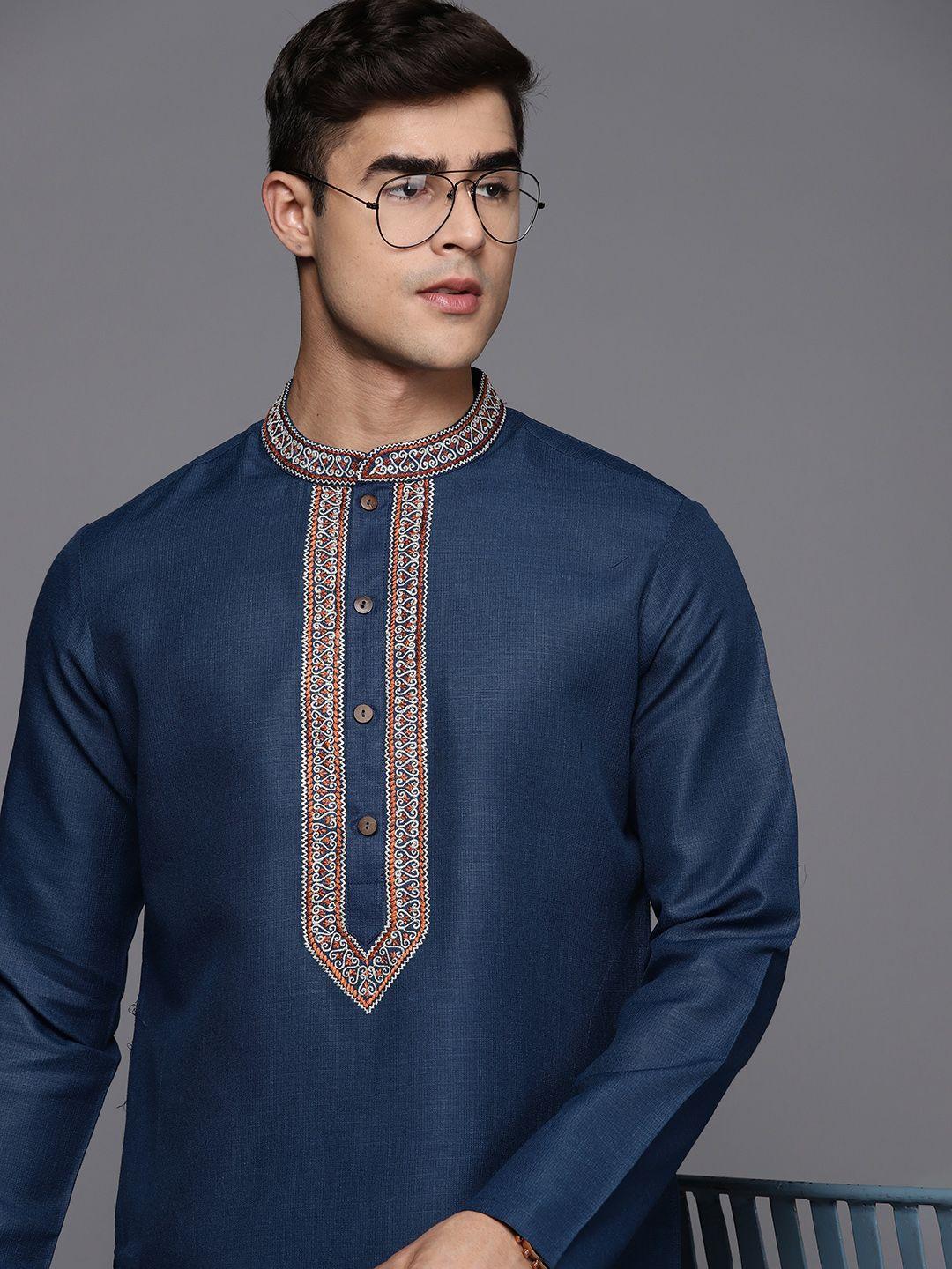 inddus ethnic motifs yoke design linen blend thread work kurta