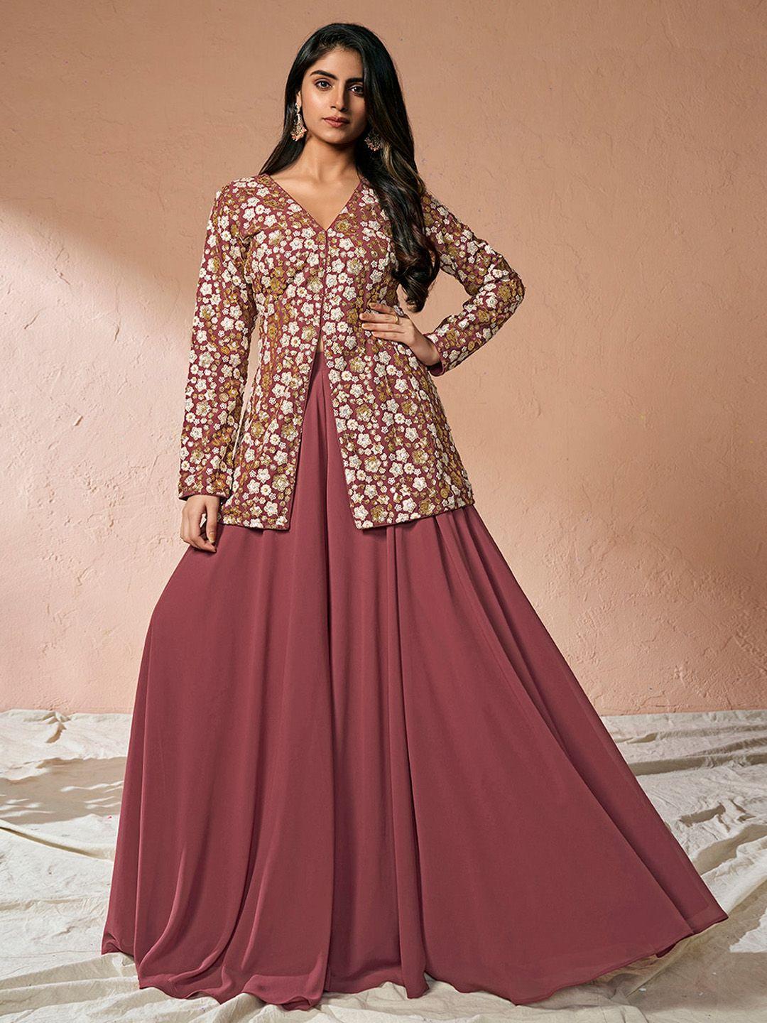 inddus floral embroidered high slit sequinned a-line kurta with palazzos