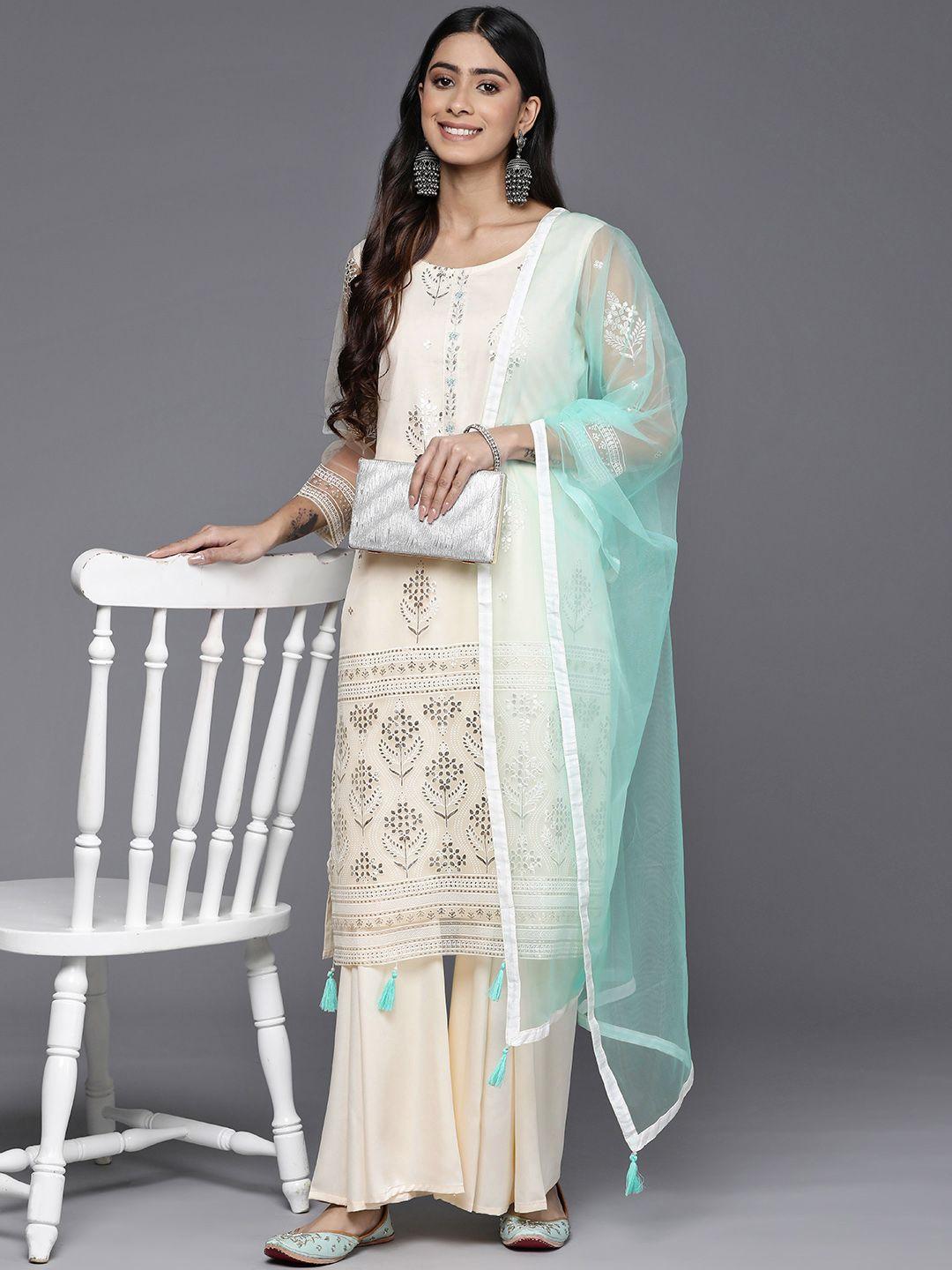 inddus floral embroidered kurta with palazzos & dupatta