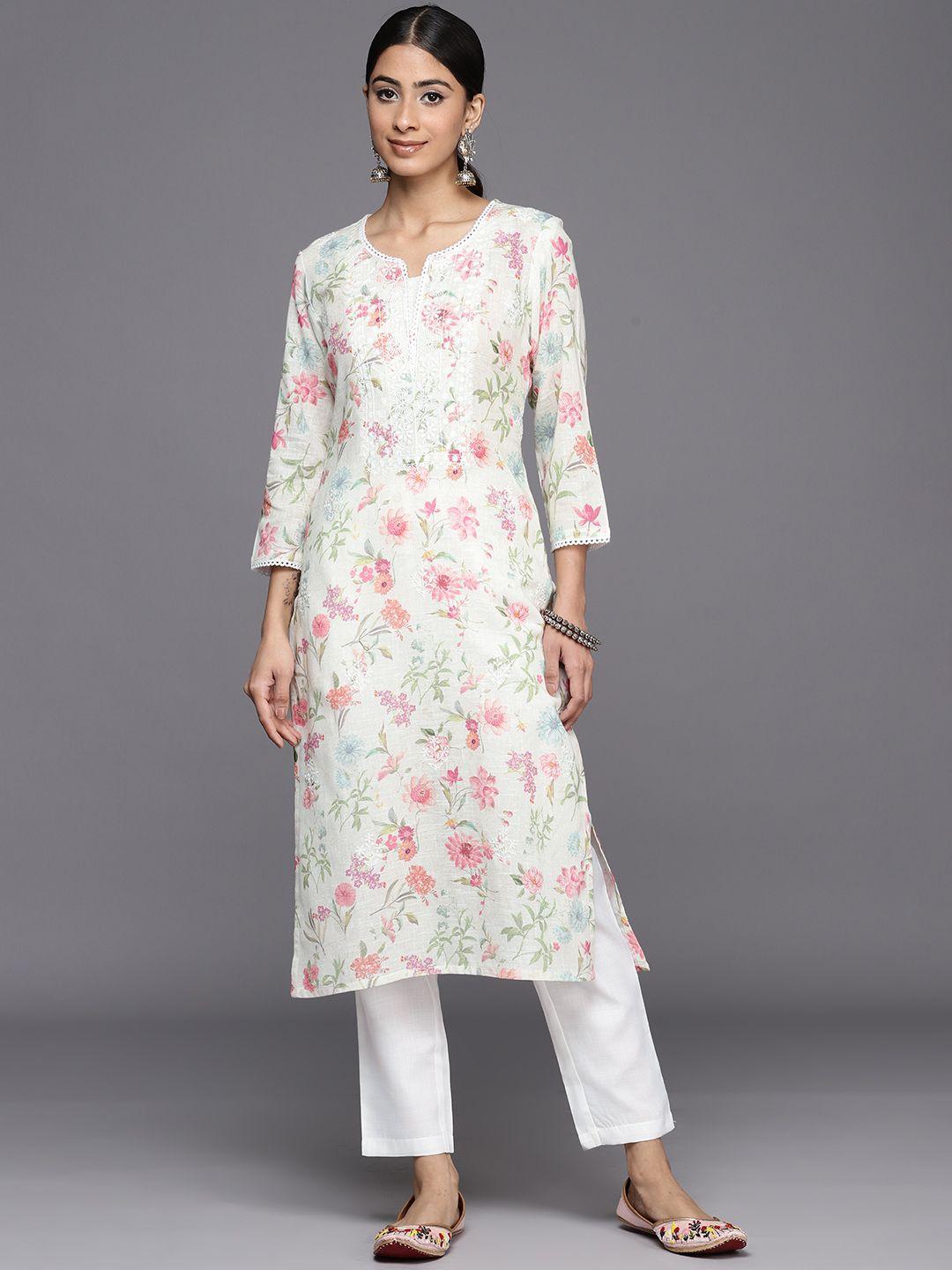 inddus floral embroidered linen cotton chikankari kurta with trousers