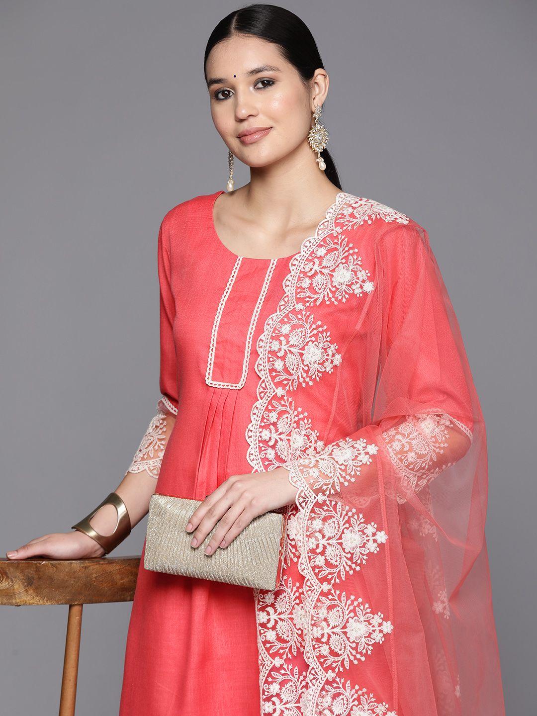 inddus floral embroidered pleated thread work kurta with trousers & dupatta