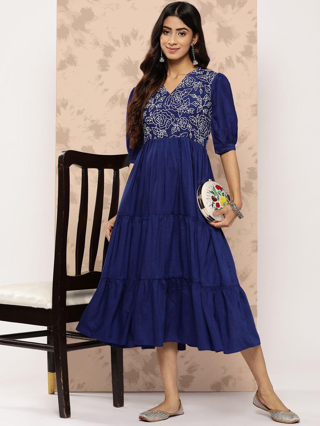 inddus floral embroidered puff sleeves midi ethnic dress