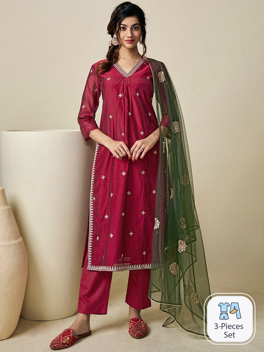 inddus floral embroidered regular chanderi cotton kurta with trousers & with dupatta