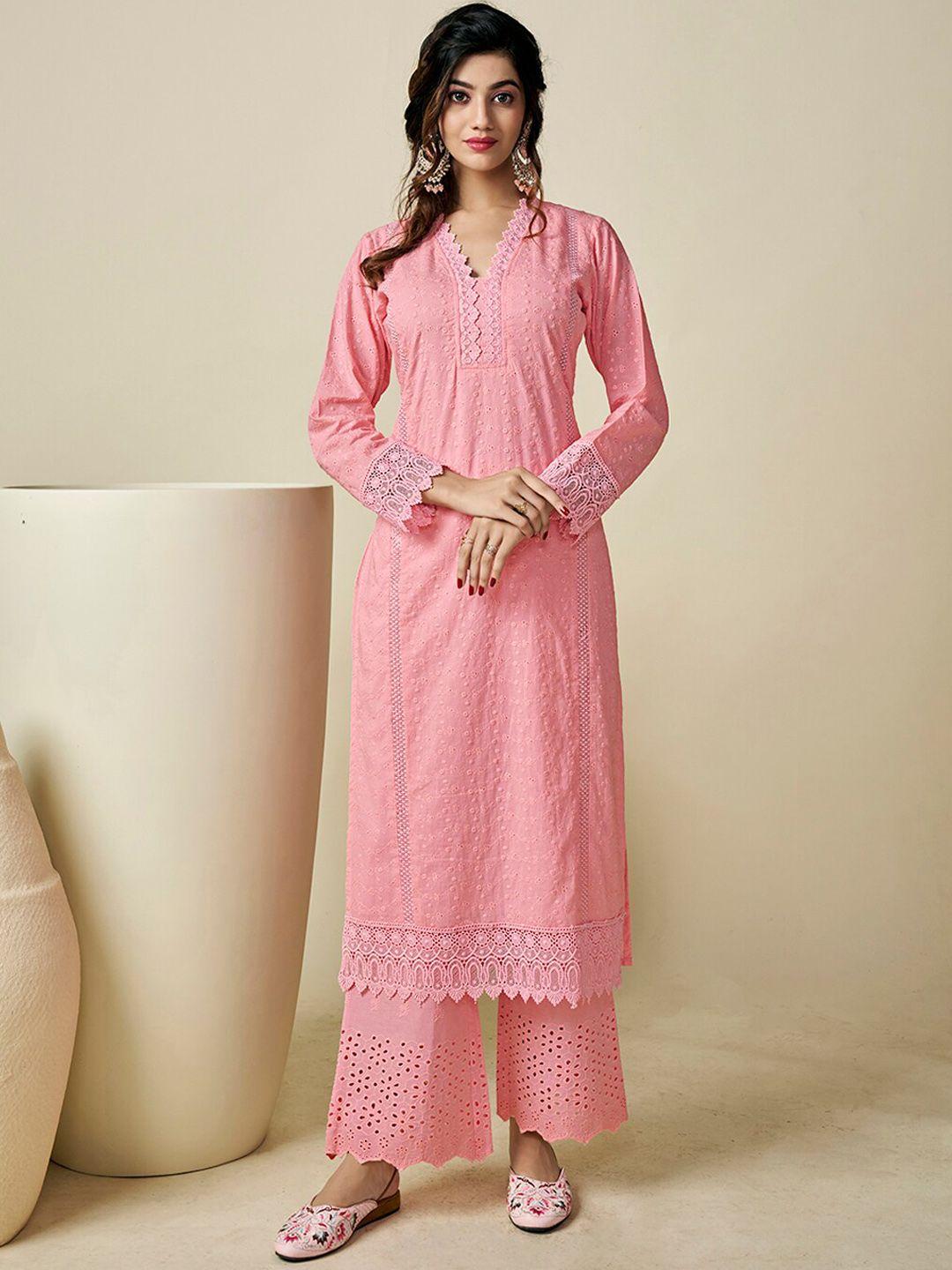 inddus floral embroidered regular chikankari pure cotton kurta with palazzos