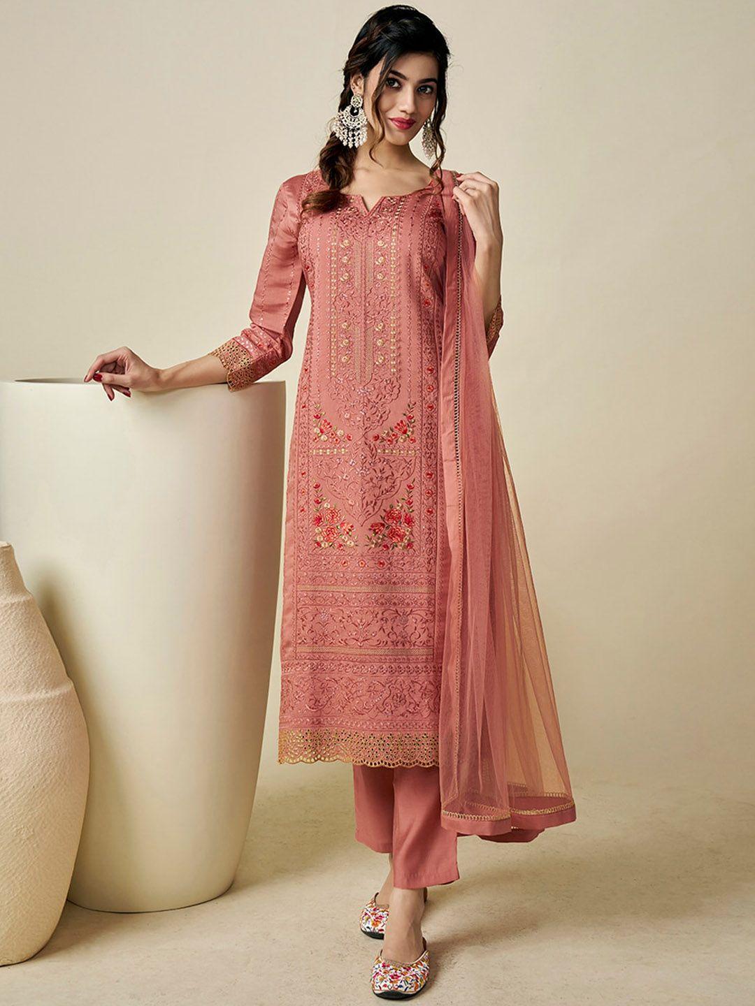 inddus floral embroidered regular pure cotton kurta with trousers & dupatta