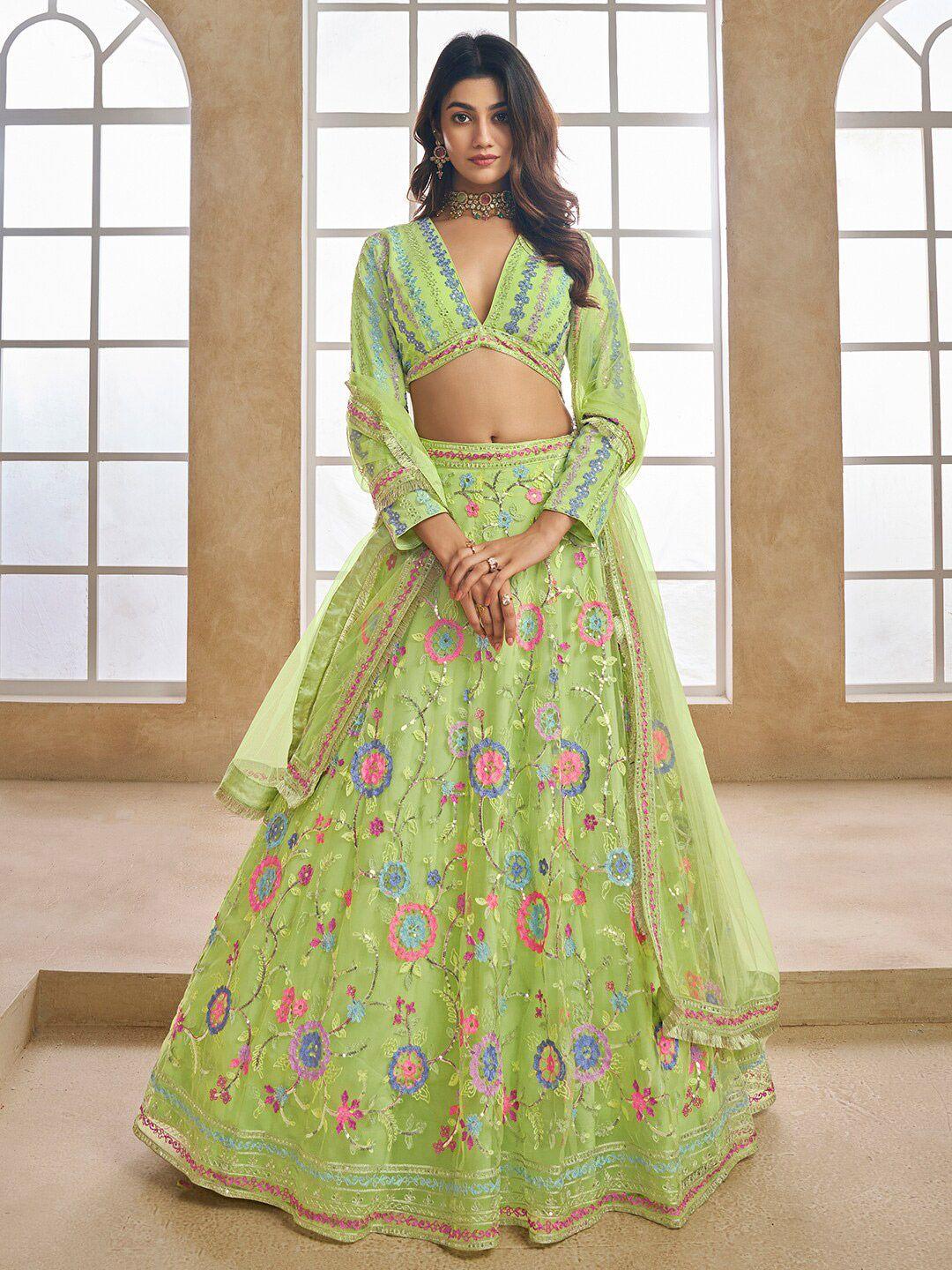inddus floral embroidered semi-stitched lehenga & unstitched blouse with dupatta